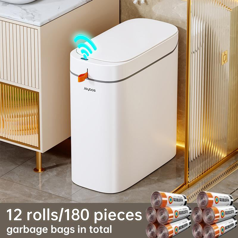 Rechargeable Automatic Sensor Bathroom Trash Can with Lid, Touchless Trash Bin, Smart Plastic Slim Garbage Can Small White Wastebasket for Toilet, Office, Rv, Bedroom, Living Room