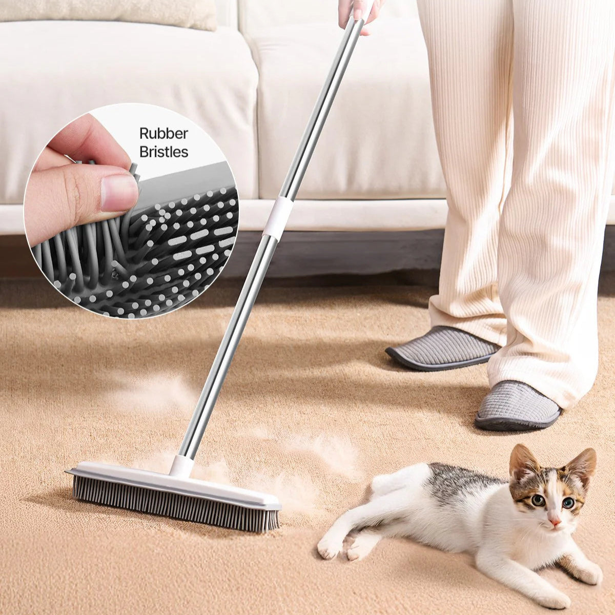 Pet Hair Removal Broom 58.46 in Adjustable Long Handle Pet Hair Rubber Broom